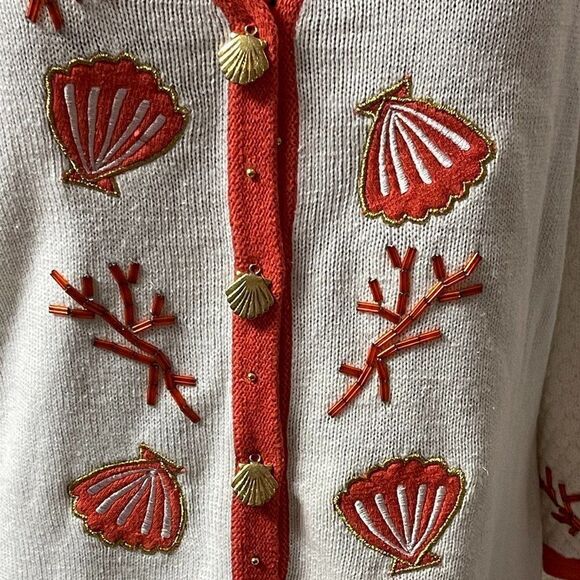 NWT Vintage Storybook Knits Seashell Seashore Beaded Print Cardigan Small - Picture 4 of 10